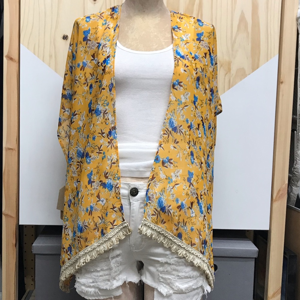 Handmade Yellow Floral Kimono with Fringe